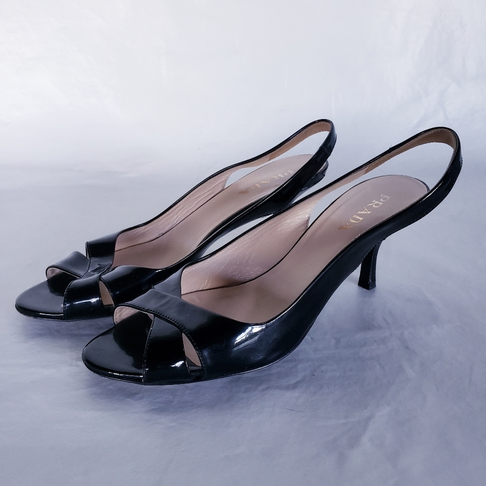Prada Vero Cuoio Black Patent Sandal Shoes Sz 37.5
